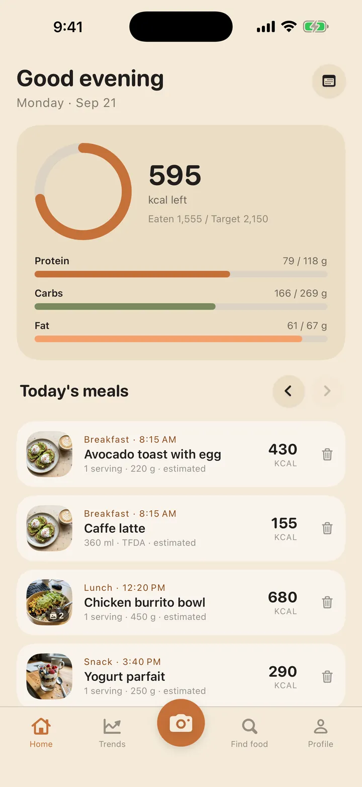 Home: 595 kcal left today, the three macros and each meal eaten so far.
